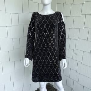 Jessica Howard Women's Black Sequin Diamond Pattern Cold Shoulder Dress sz 8
